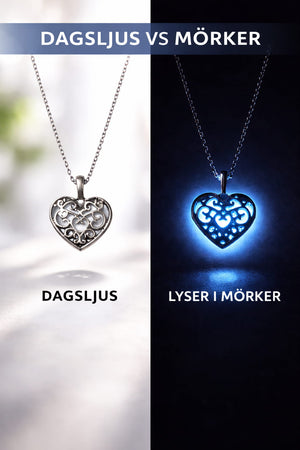 Självlysande hjärthalsband i dagsljus jämfört med hur det lyser i mörkret