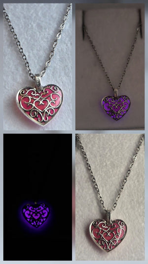 Handgjort självlysande hjärthalsband i rostfritt stål kollage, dagsljus och mörker