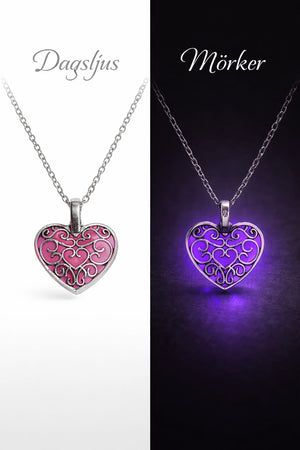 Handgjort självlysande hjärthalsband i rostfritt stål jämförelse bild dagsljus och mörker