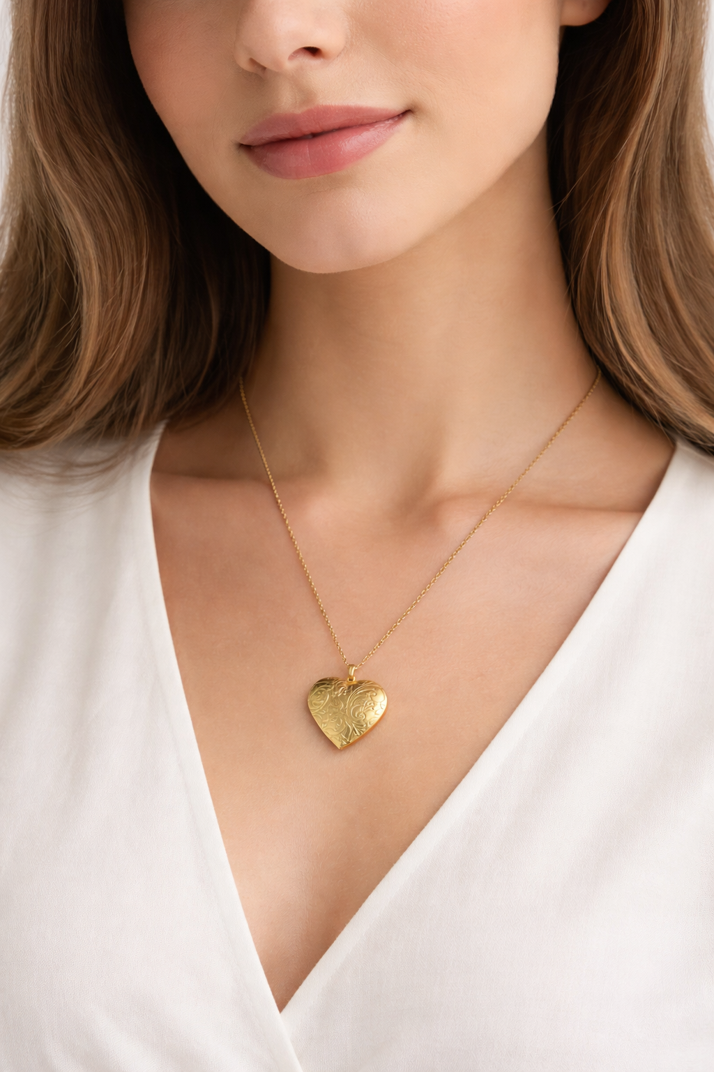 Hjärtmedaljong halsband i guld på modell