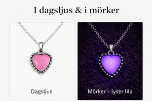 Halsband med klassiskt hjärta i dagsljus och i mörker