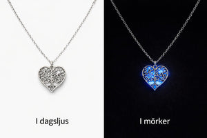 Livets träd i hjärtform med blått sken i mörker