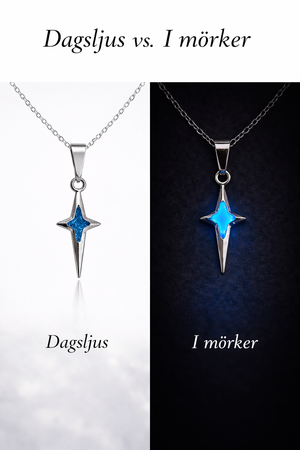 Nordstjärna halsband i dagsljus jämfört med blått sken i mörker