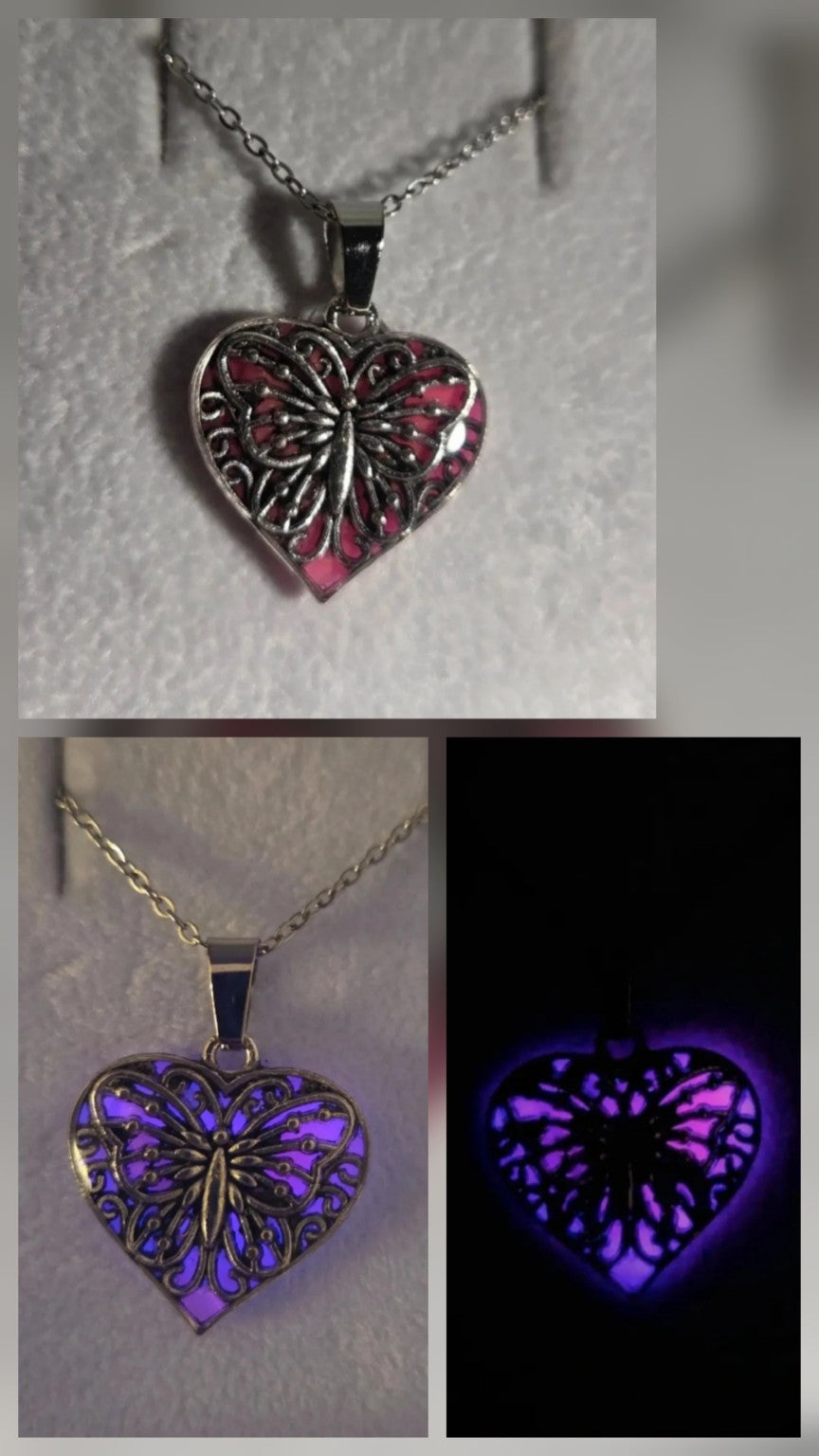 Jämförelse bild på rosa halsband med fjärilsmotiv, vit bakgrund och mörk bakgrund