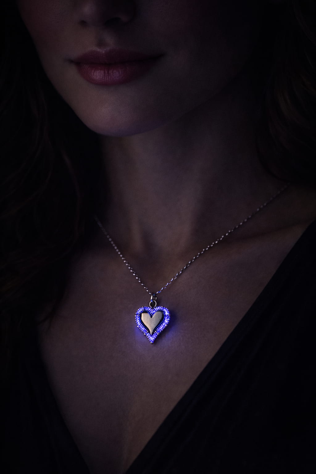 Självlysande hjärthalsband med lila sken buren på person i mörker