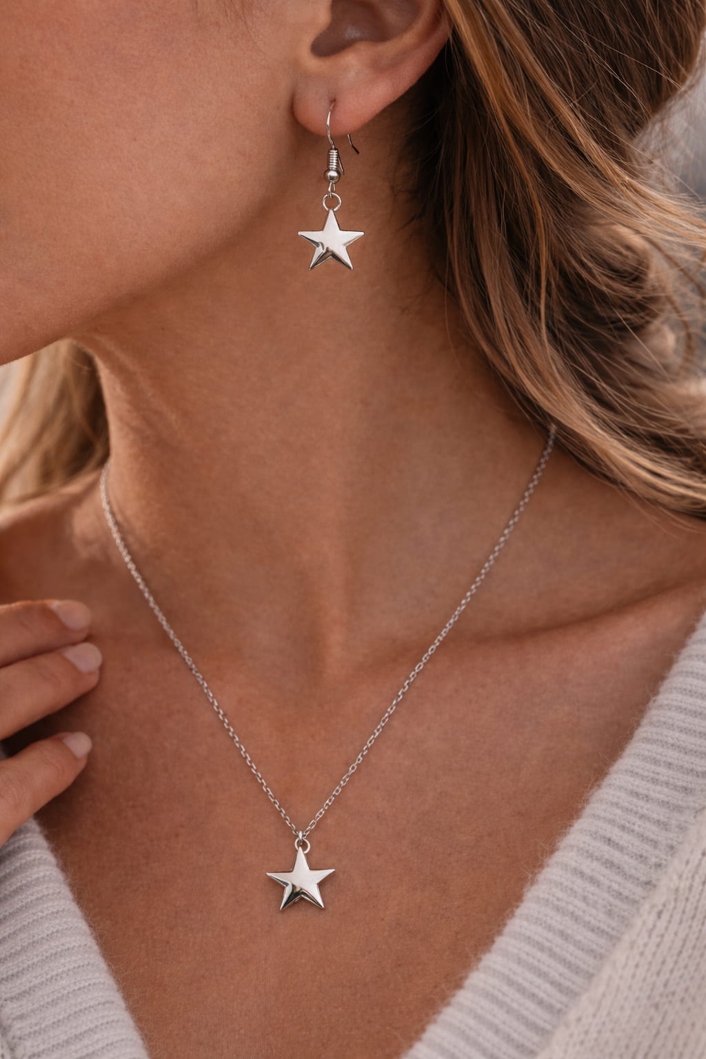 stjarnsmycke set pa modell silver halsband 45 cm kedja