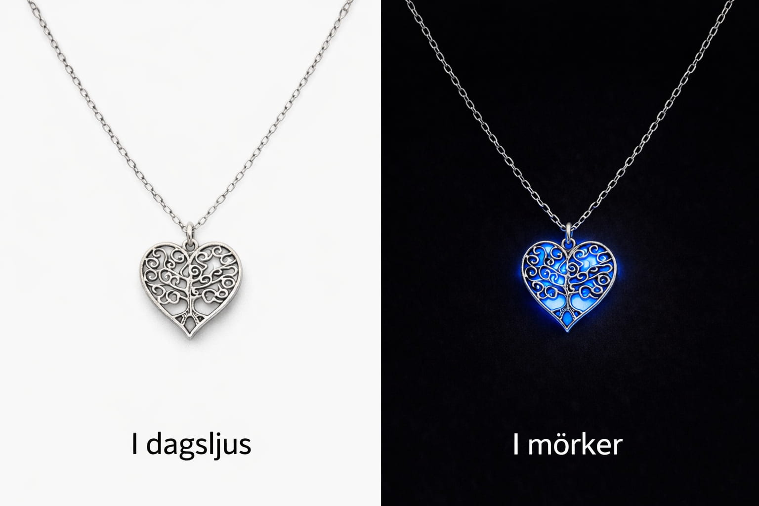 Livets träd i hjärtform med blått sken i mörker