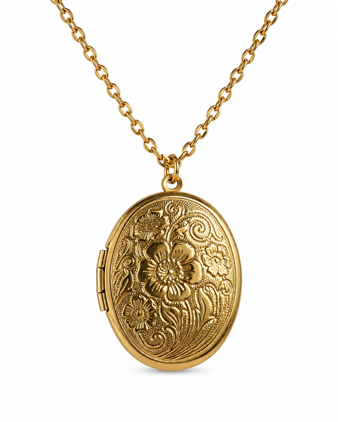 Guldfärgat ovalformat medaljonghalsband med blommönster
