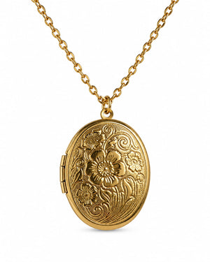 Guldfärgat ovalformat medaljonghalsband med blommönster