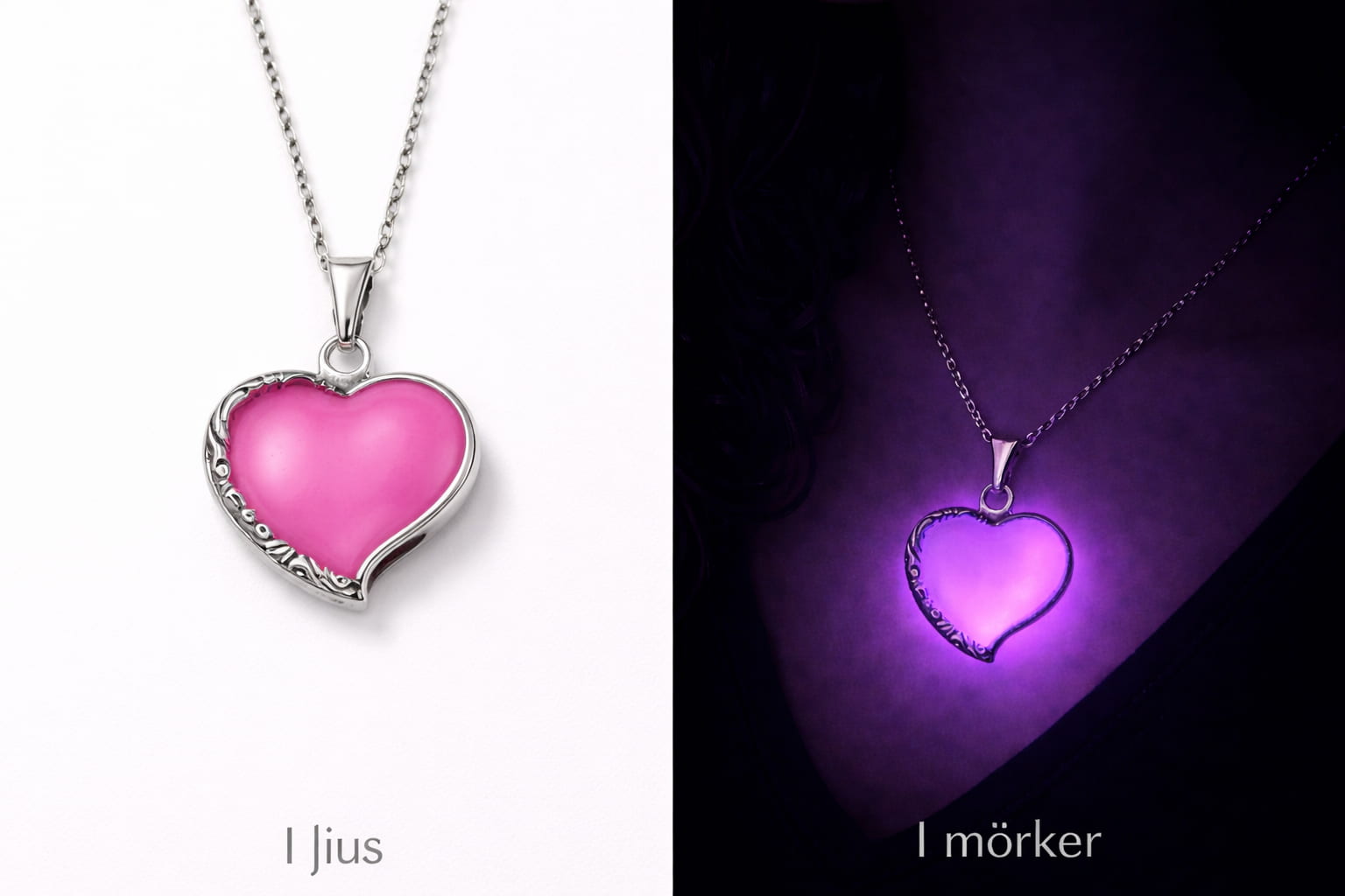 Rosa hjärtfavorit halsband i dagsljus jämfört med lila sken i mörker