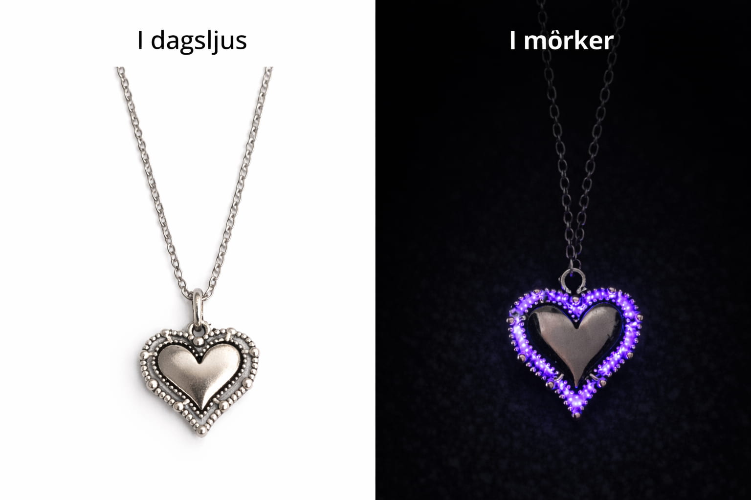 Självlysande hjärthalsband i dagsljus jämfört med lila sken i mörkret