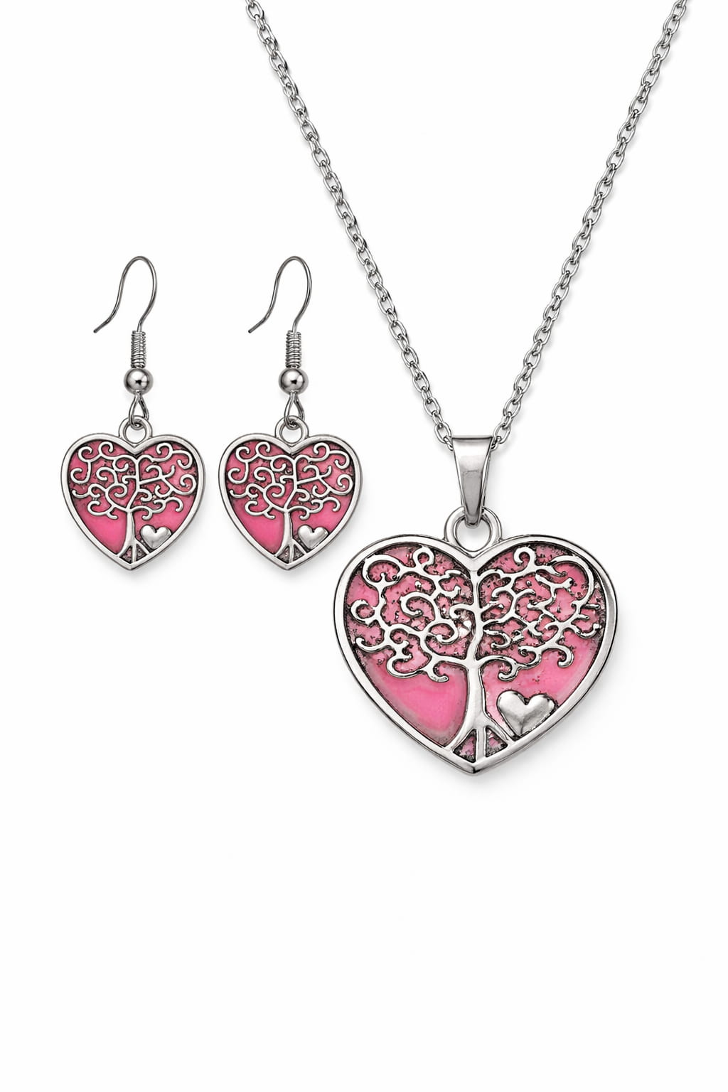 Smyckesset med halsband och örhängen Livets träd hjärta rosa i dagsljus